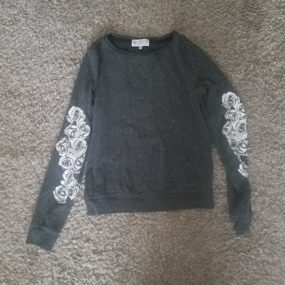 Wildfox Gray Sweater with Flowers, Size Small, Good Condition